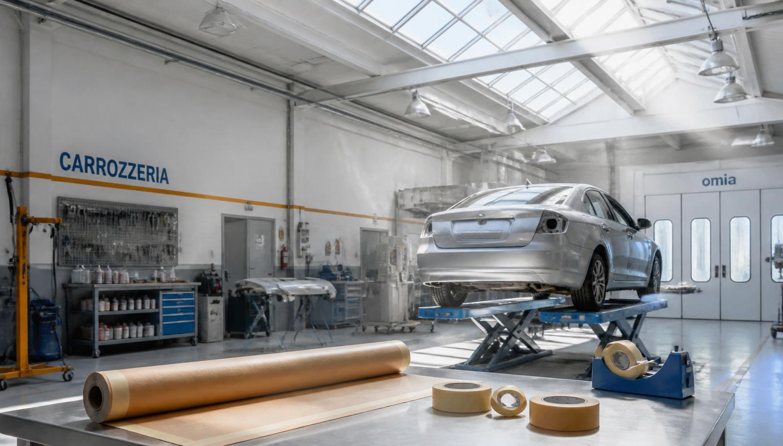 Interno dell'officina della Carrozzeria Toniolo illuminata dalla luce del mattino