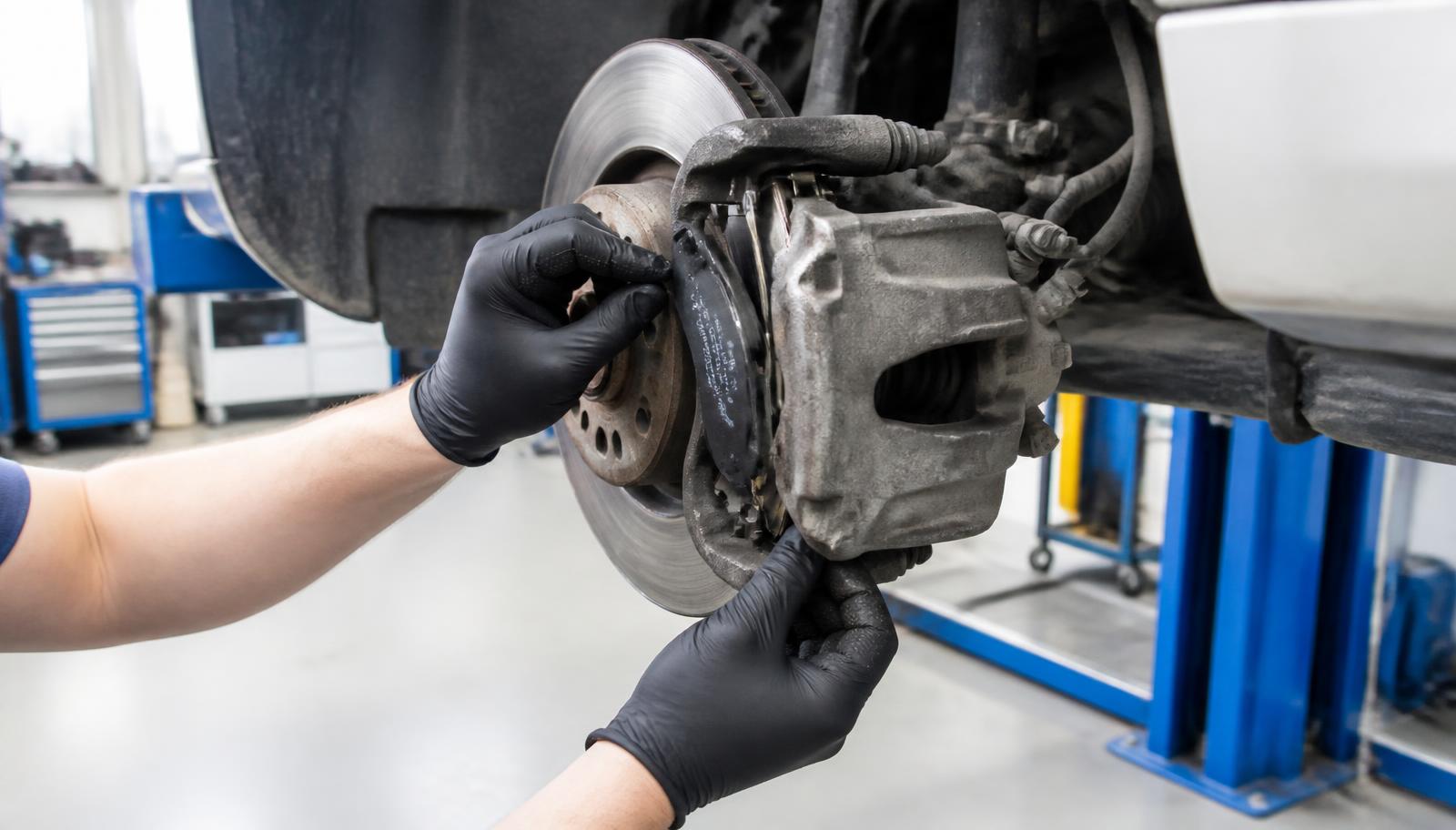 Sostituzione delle pastiglie freno su un'auto sollevata sul ponte in officina luminosa